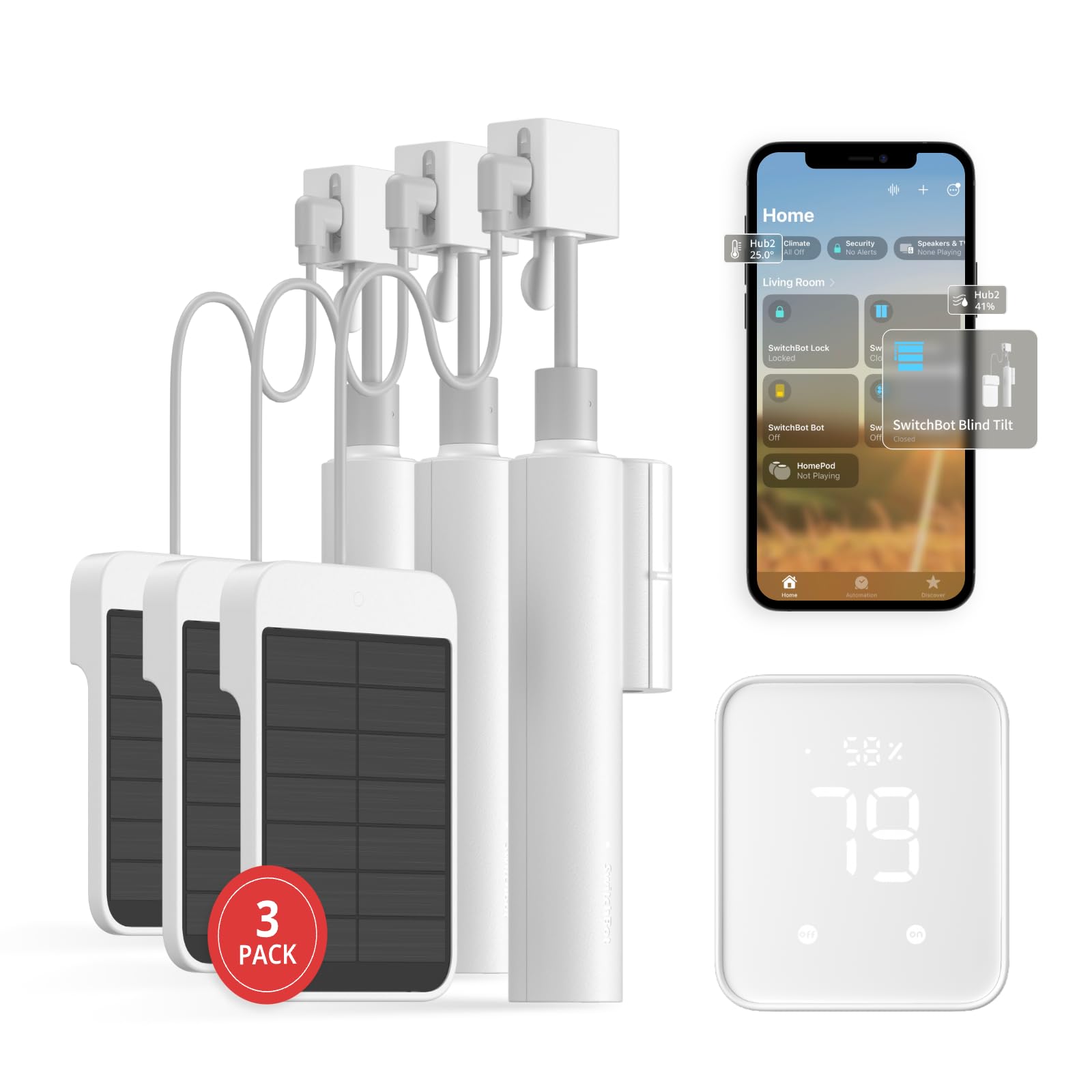 SwitchBot Blind Tilt Automatic Blind Opener 3-Pack & Hub 2- Smart Motorized Blinds with Bluetooth/IR Remote Control, WiFi Thermometer Hygrometer, Light Sensor, Work with Alexa, Google Home, HomeKit