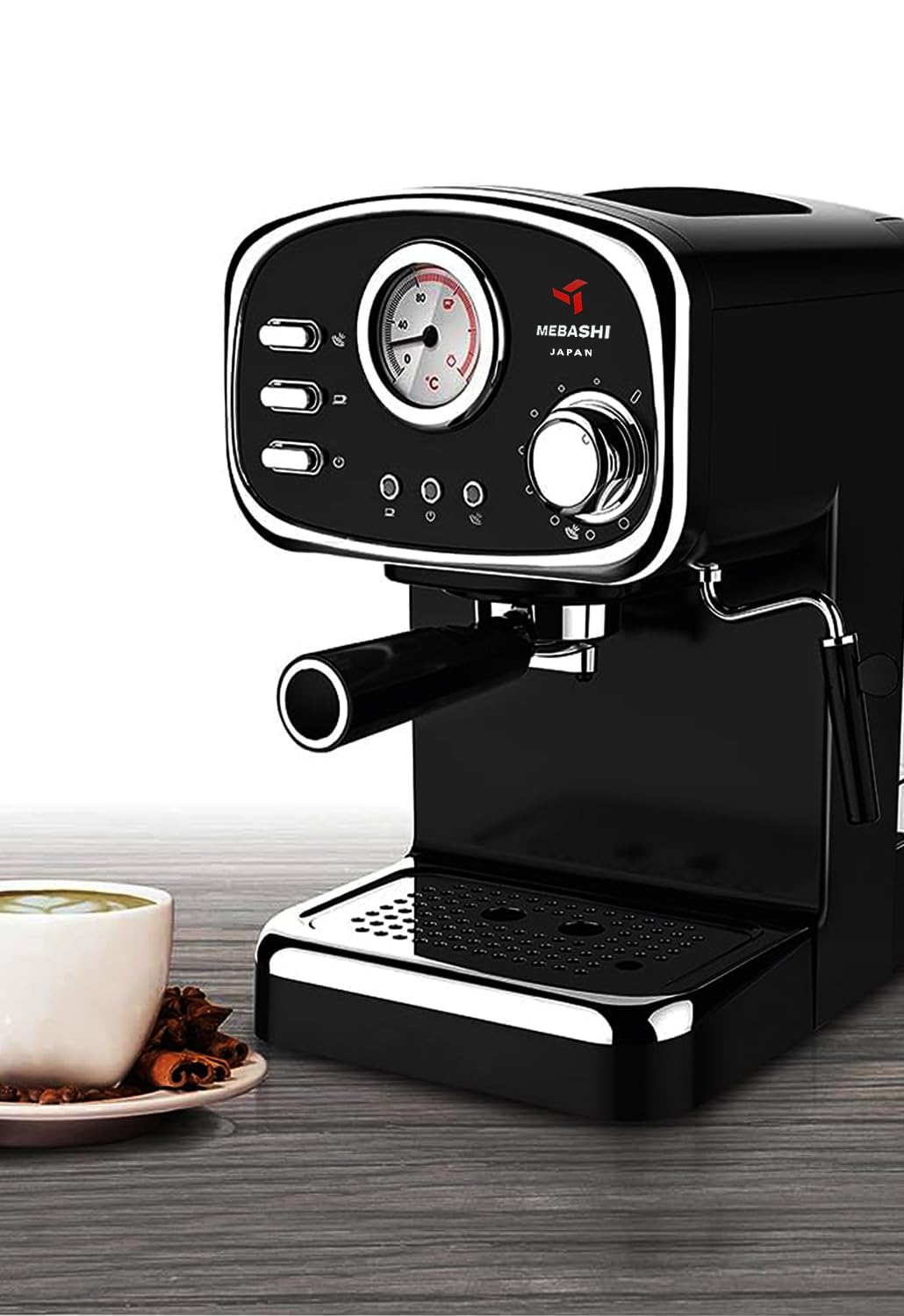 مايباشي ماكينة تحضير قهوة اسبريسو ME-ECM2010W - 20 بار، 1.25 لتر، اسود مع ميزان حرارة ومقبض بخار قابل للتعديل