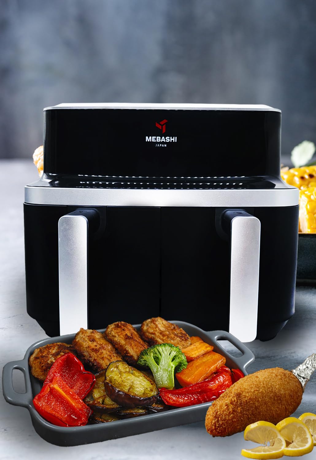 Mebashi 9 Liter Dual Basket Air Fryer with Touch Screen, Two Separate Baskets, Glass Window Air Fryer (ME-AF976) (2600 Watt)
