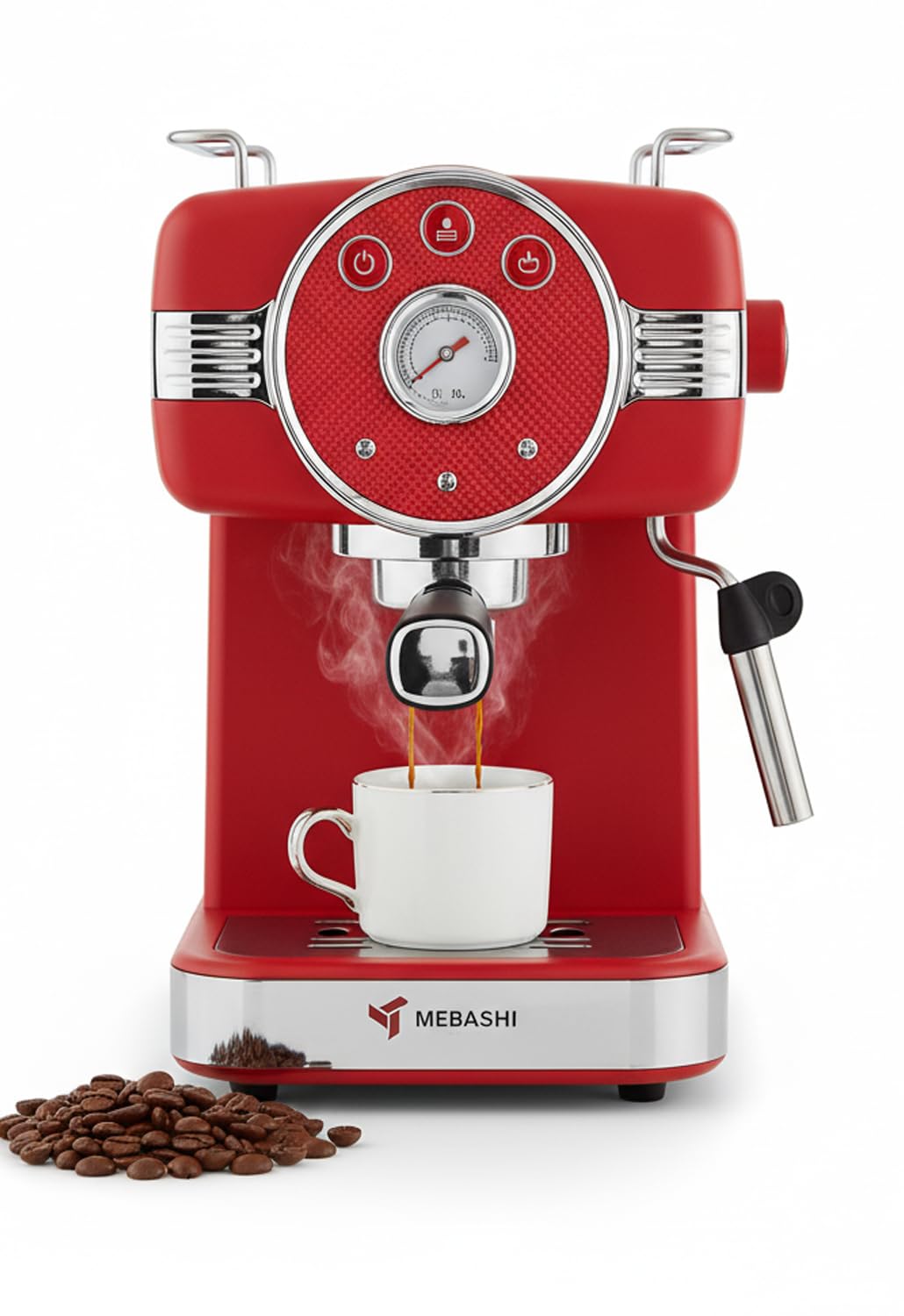 Maibashi Espresso Coffee Maker 1.5 Liter Capacity, 20 Bar Pressure Pump, Detachable Water Tank (E-ECM2046) (Red) | 1100 Watt