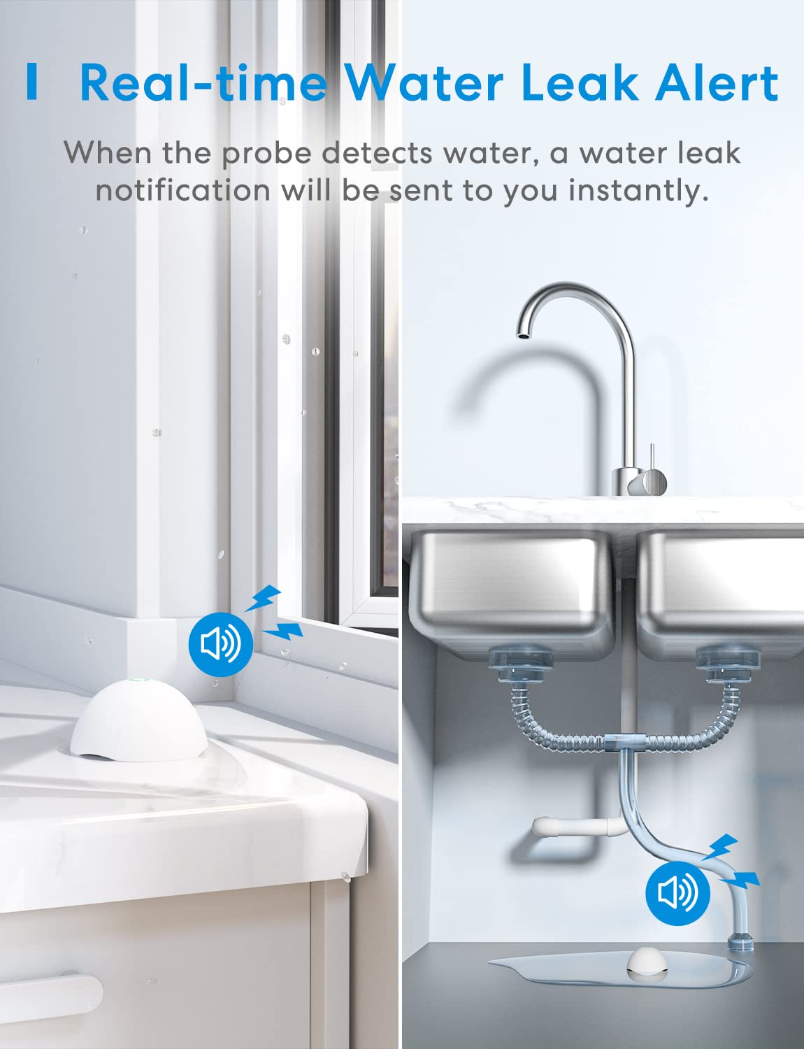 Meross Smart Water Sensor Alarm 3 Pack, WiFi Water Leak Detector Support Apple HomeKit, SmartThings, IP67 Waterproof with App Alerts, Alarm, 100M Range for Home Basement Kitchen (meross Hub