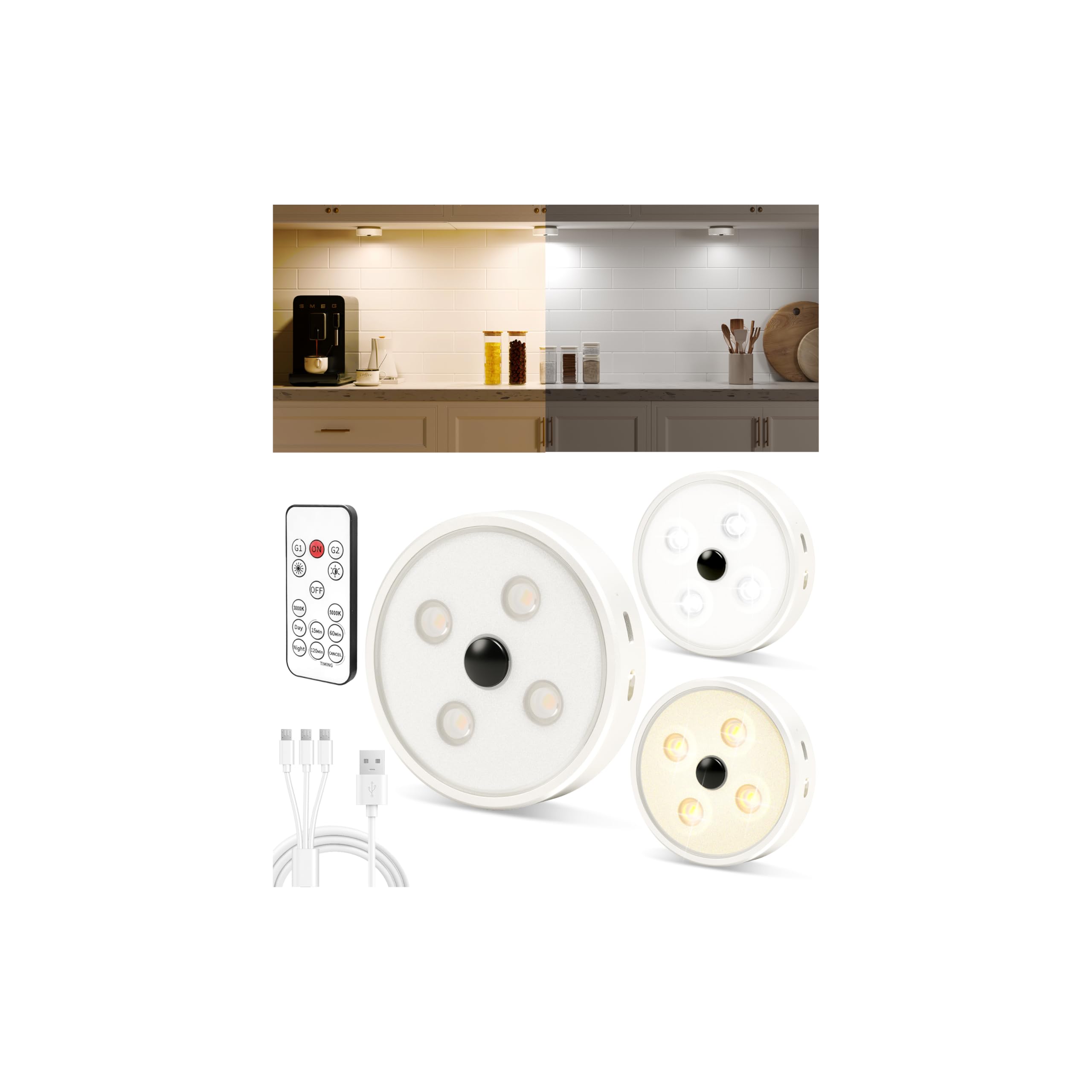 EZVALO Under Cabinet Lights, 2 Color Motion Sensor Lights, 1200mAh Rechargeable Puck Lights for Group Control, Dimmable LED Under Counter Lights for Kitchen and Cabinet (3 Pack)