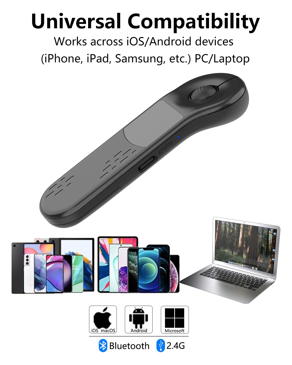 ماوس هوائي بـ3 وصلات لاجهزة الكمبيوتر/iOS/اندرويد مع لوحة لمس، جهاز تحكم عن بعد لاسلكي قابل لاعادة الشحن، بلوتوث 2.4G للتحكم عن بعد لباور بوينت/كينوت/تيك توك/كاميرا/تطبيقات كيندل (اسود)