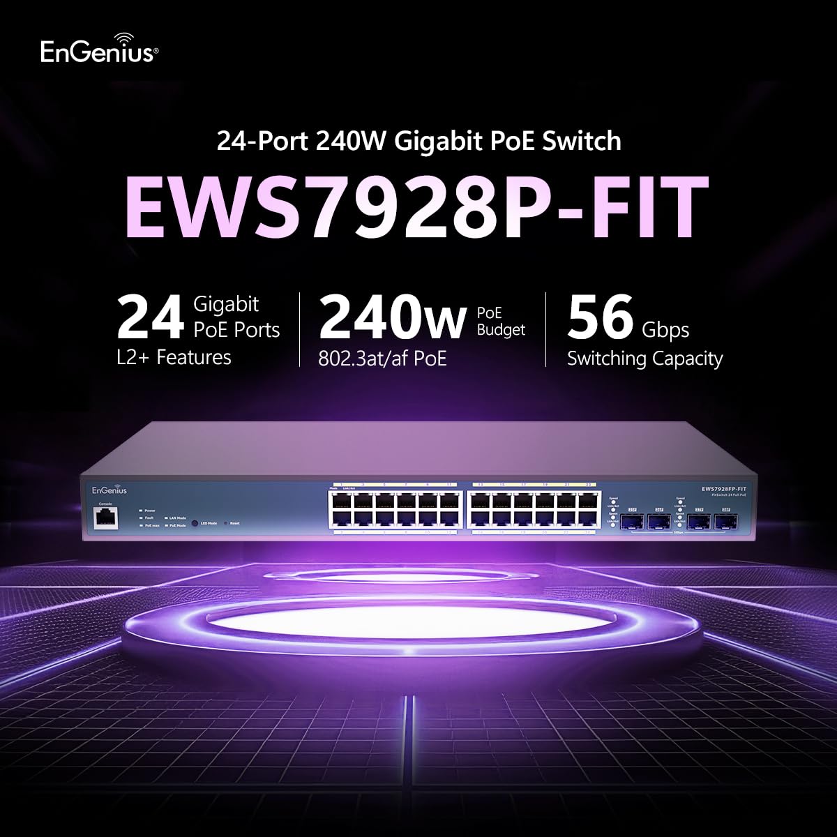 EnGenius Managed Switch 24-Port Gigabit PoE+ Managed Switch - 240W Budget, 4 SFP Uplinks, Layer 2+ Enterprise Features For Small Business Networks - EWS7928P-FIT
