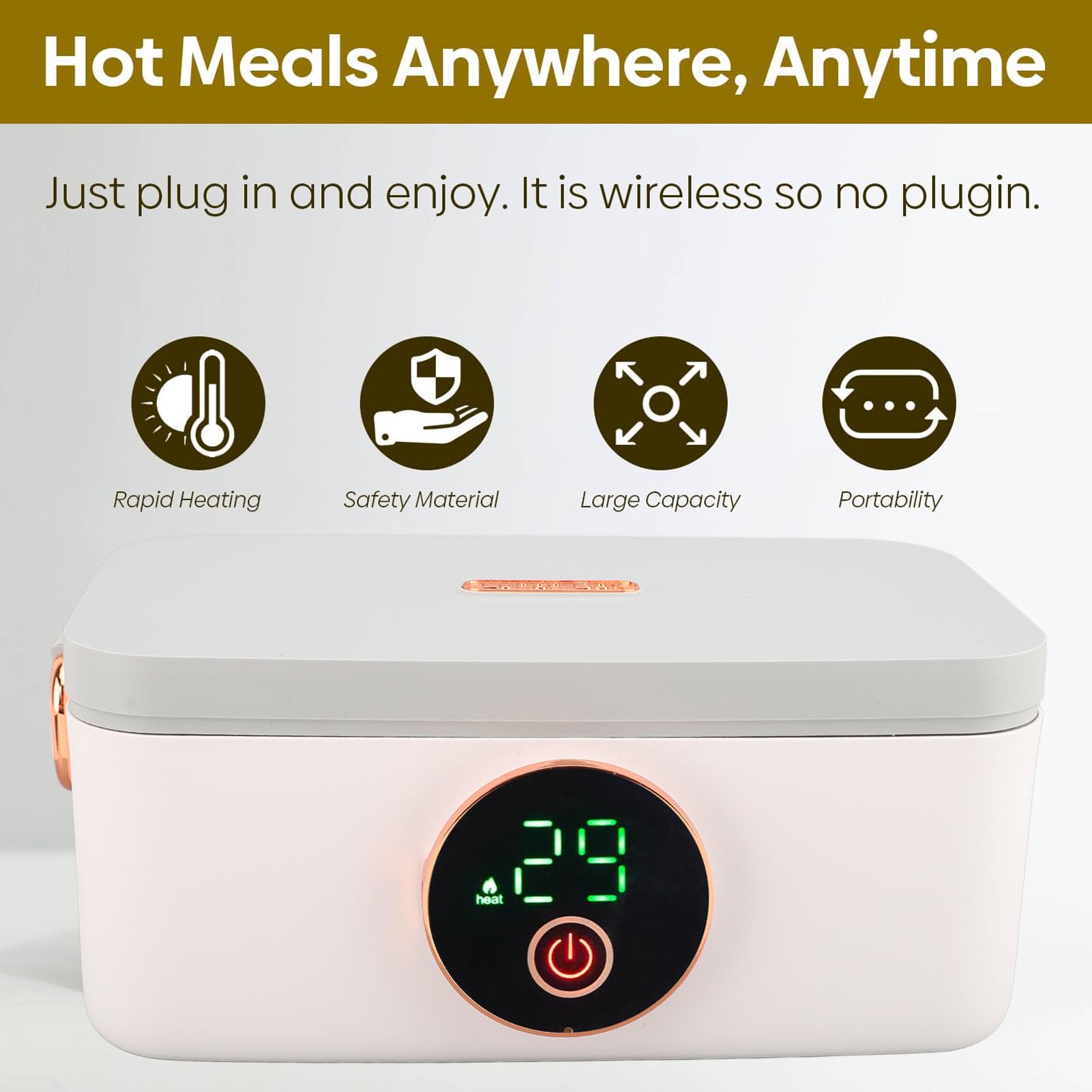 GLOGLOW Electric Lunch Box, 1L, USB Rechargeable, Heated Box, Wireless, Portable Food Warmer, Lunch Box with Stainless Steel Inner Shell for Home, Office, Travel, Outdoor