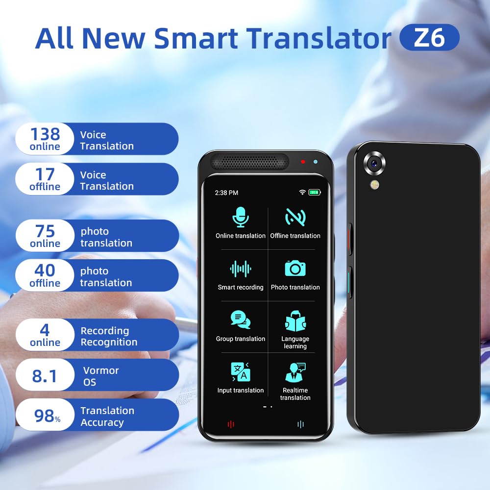 LTDNB Language Translator Device, Supports 138 Languages, Real-Time Voice Translation, Portable Online Offline Translator for Business Travel Learning, 4.1 Inch HD Touch Screen (Black)
