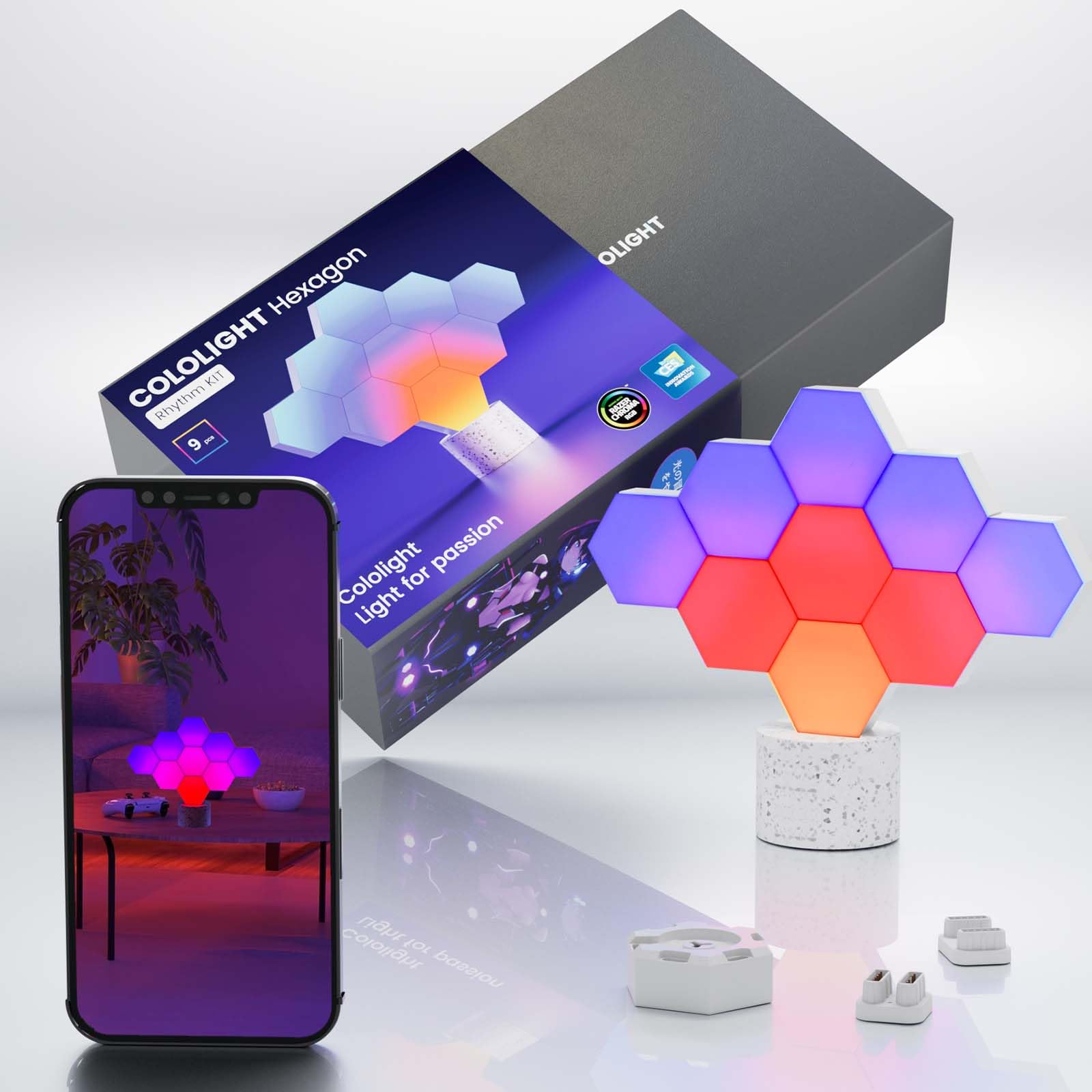 كولو لايت اضاءة RGB لاعداد كمبيوتر الالعاب، مصابيح العاب تعمل بمنفذ USB، مصابيح حائط سداسية مزامنة الموسيقى مع 70 تاثير، ملحقات العاب مكتبية، تعمل مع اليكسا وجوجل برو (مجموعة ايقاع-برو9 قطع)
