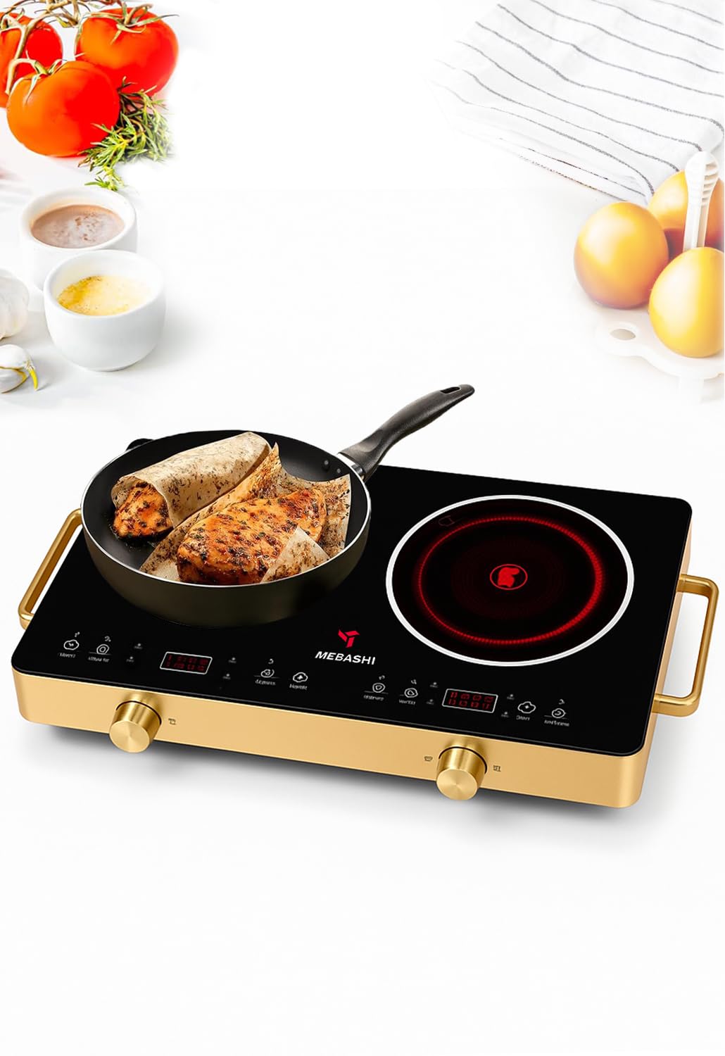 MEBASHI Infrared Cooker, Two Burner, 8 Power Settings,(2800W) Gold (ME-IC125)
