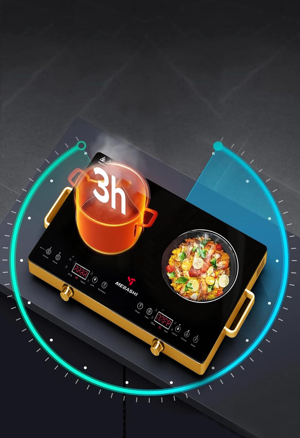 MEBASHI Infrared Cooker, Two Burner, 8 Power Settings,(2800W) Gold (ME-IC125)