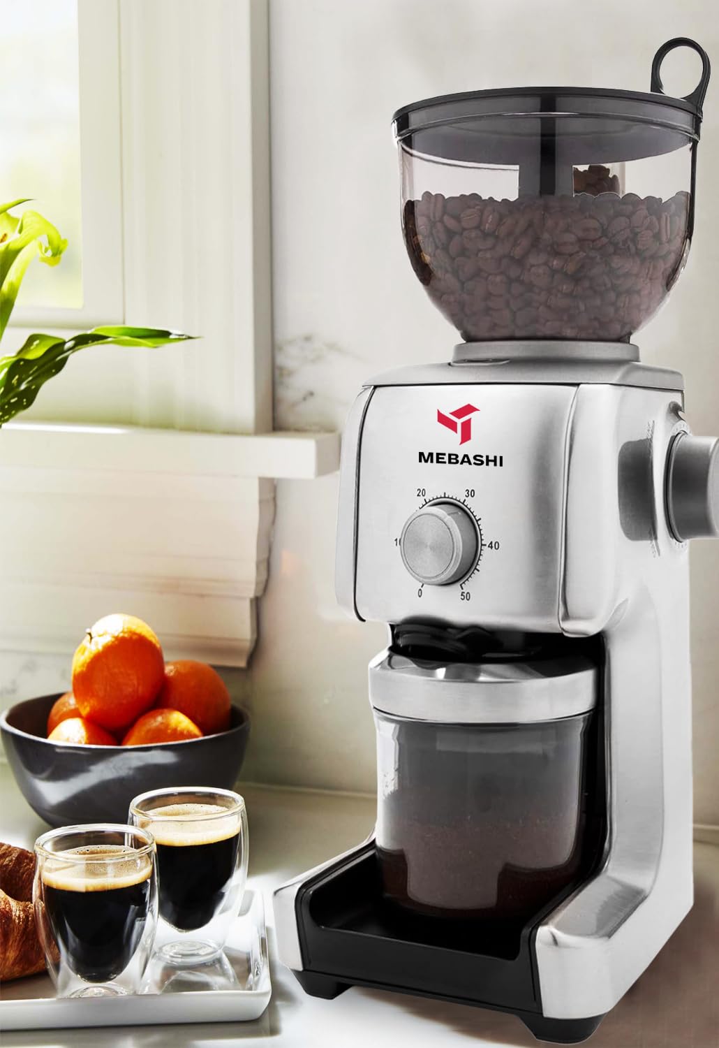Mebashi Conical Burr Coffee Grinder Stainless Steel | 16-Step Adjustable Grind, 400g Capacity, Airtight Containers, Direct Portafilter Grinding (ME-CG2290) (130 Watt)