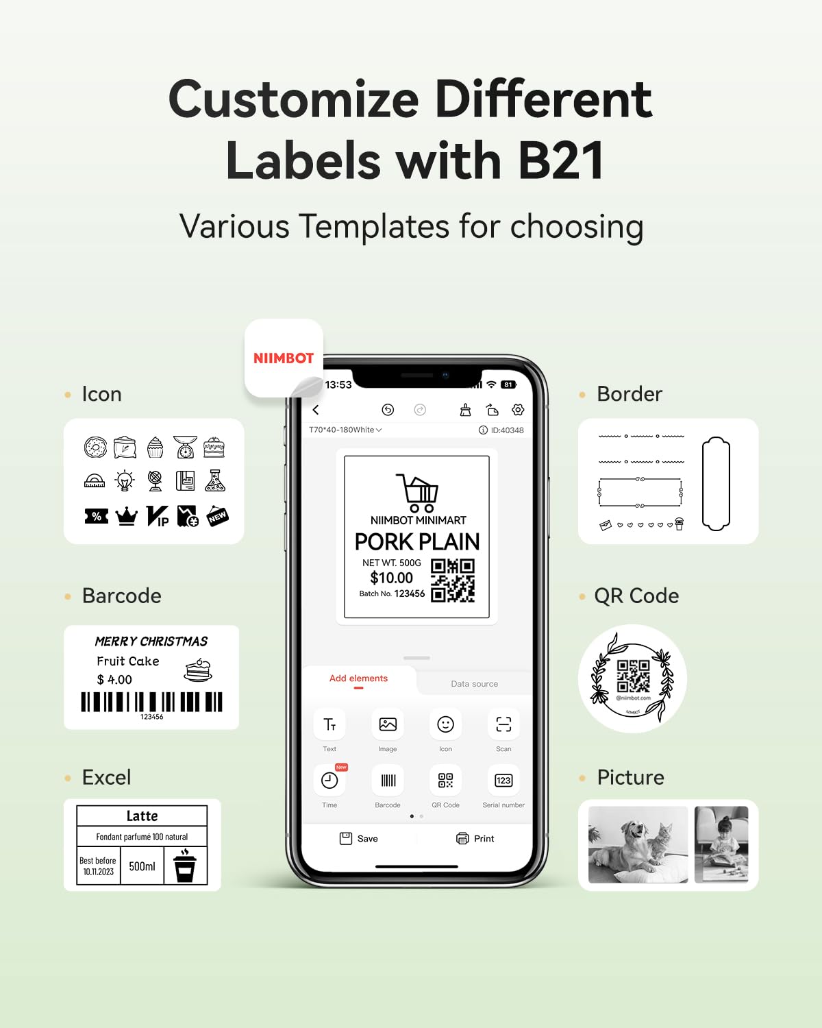 NIIMBOT B21 Label Maker, 2 Inch Portable Thermal Label Printer, Label Maker Machine with Tape, Compatible with Android, iOS & PC,Labeling for Home Storage Office and Small Business,Black