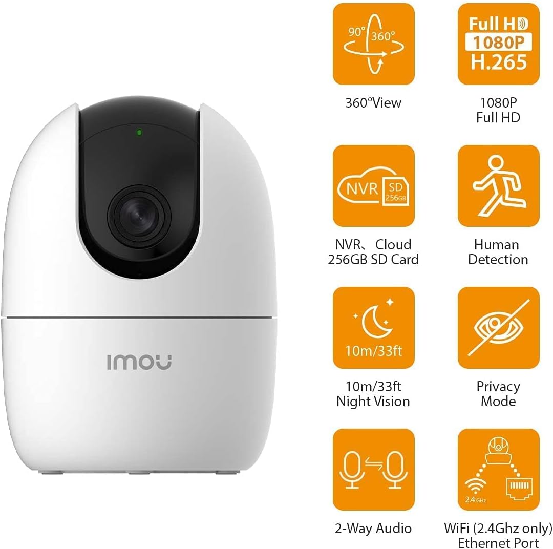 Imou Ranger 2-D, 360° Coverage, AI Human Detection, Privacy Mode, Human Detection,1080P, Built-in Siren, Smart Tracking, Privacy Mode, Abnormal Sound Alarm, Night Vision, Two-Way Talk, Cloud