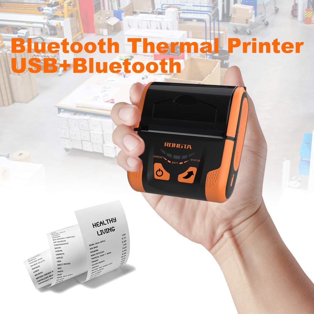 رونغتا طابعة ايصالات حرارية صغيرة محمولة بحجم 80 ملم RPP300 مع واجهات بلوتوث + USB، لون برتقالي