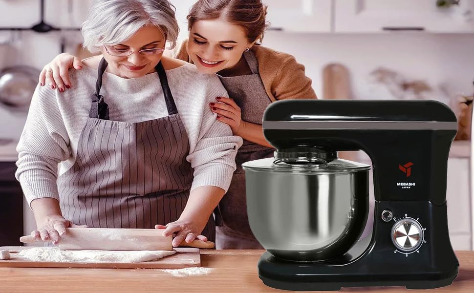مايباشي خلاط وعاء قائم سعة 5 لتر مع وعاء من الستانلس ستيل، خفاقة، مضرب وخطاف عجين، 6 اعدادات للسرعة، اسود (ME-SBM1105) (1200 واط)