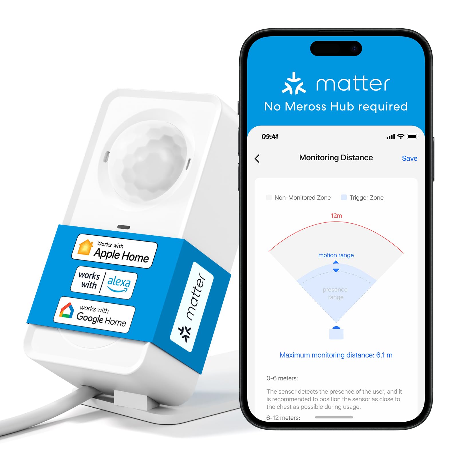 Meross Matter Presence Motion Sensor - Smart Presence Sensor with Cable, Indoor WiFi Motion Detector with App Notification for Home Security, Works with Apple HomeKit, Alexa, Google Home