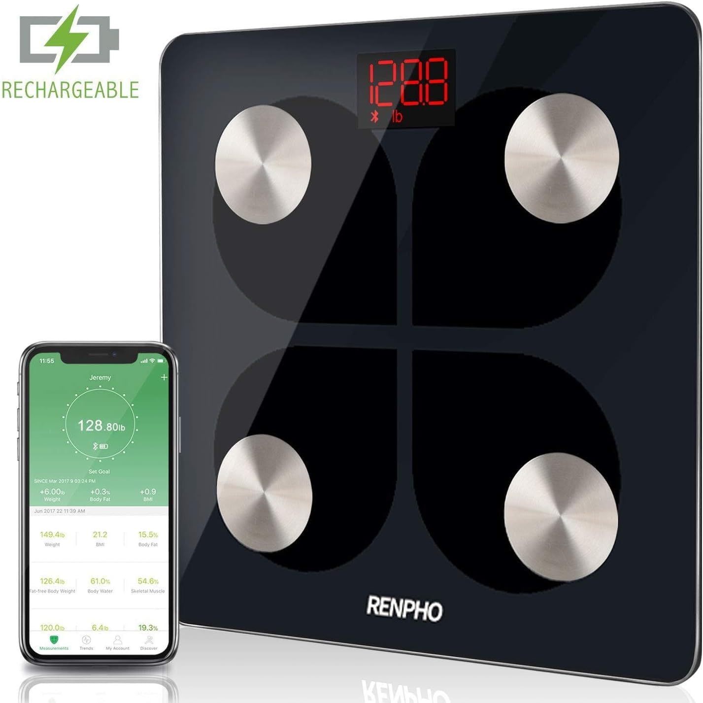 Renpho ES-28ML-BK Smart Scale Bluetooth Rechargeable via USB Port, Digital Body Fat Monitor Scale with Smartphone App, 370 lbs