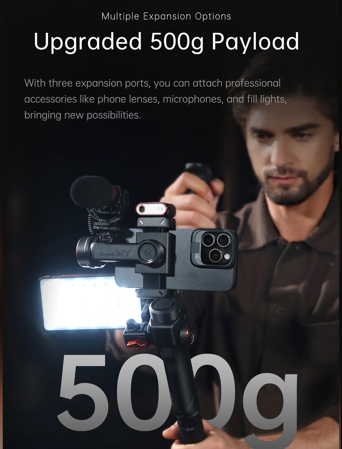 hohem iSteady M7 Gimbal Stabilizer for iPhone, 3-Axis Phone Gimbal with Magnetic AI Tracker Fill Light, Detachable Touchscreen Remote Controller, Built-in Extension Rod, 500g Payload