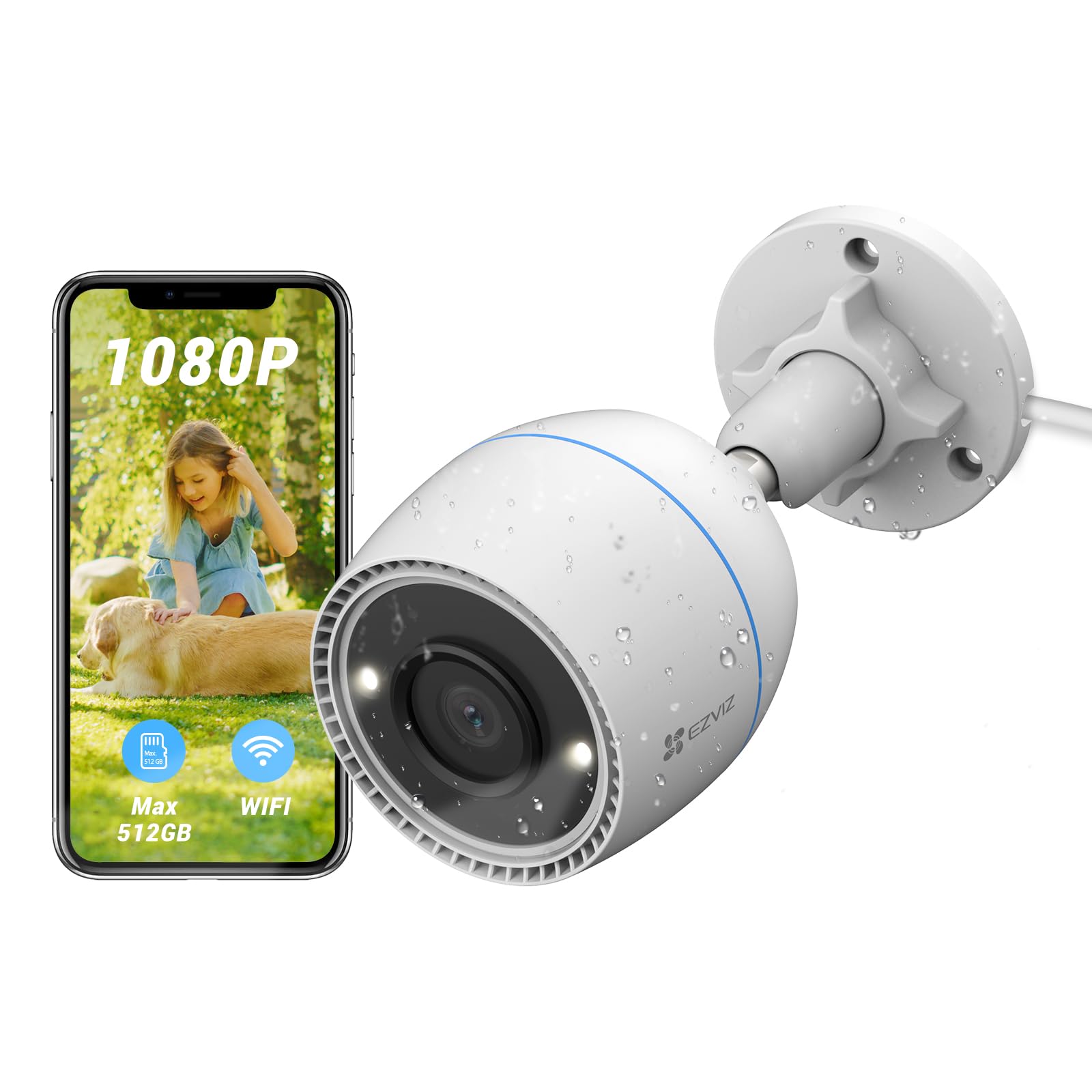EZVIZ كاميرا مراقبة منزلية خارجية 1080P برؤية ليلية 30 متر، نظام CCTV واي فاي، كشف حركة ذكي، مقاومة للماء IP67، بطاقة SD 256GB/ تخزين سحابي، تدعم اليكسا وجوجل هوم، 2.4GHz (C3TN)
