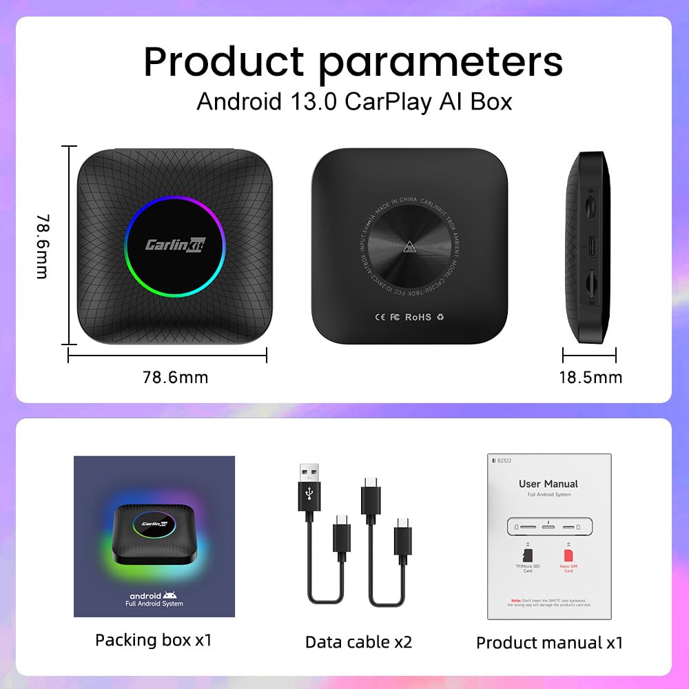 CarlinKit Android 13 CarPlay AI BOX LED/8GB+128GB/Wireless CarPlay and Android Car adapter/Watch Netflix, YouTube, Qualcomm SM 6225/Google Play Store/OTA Update