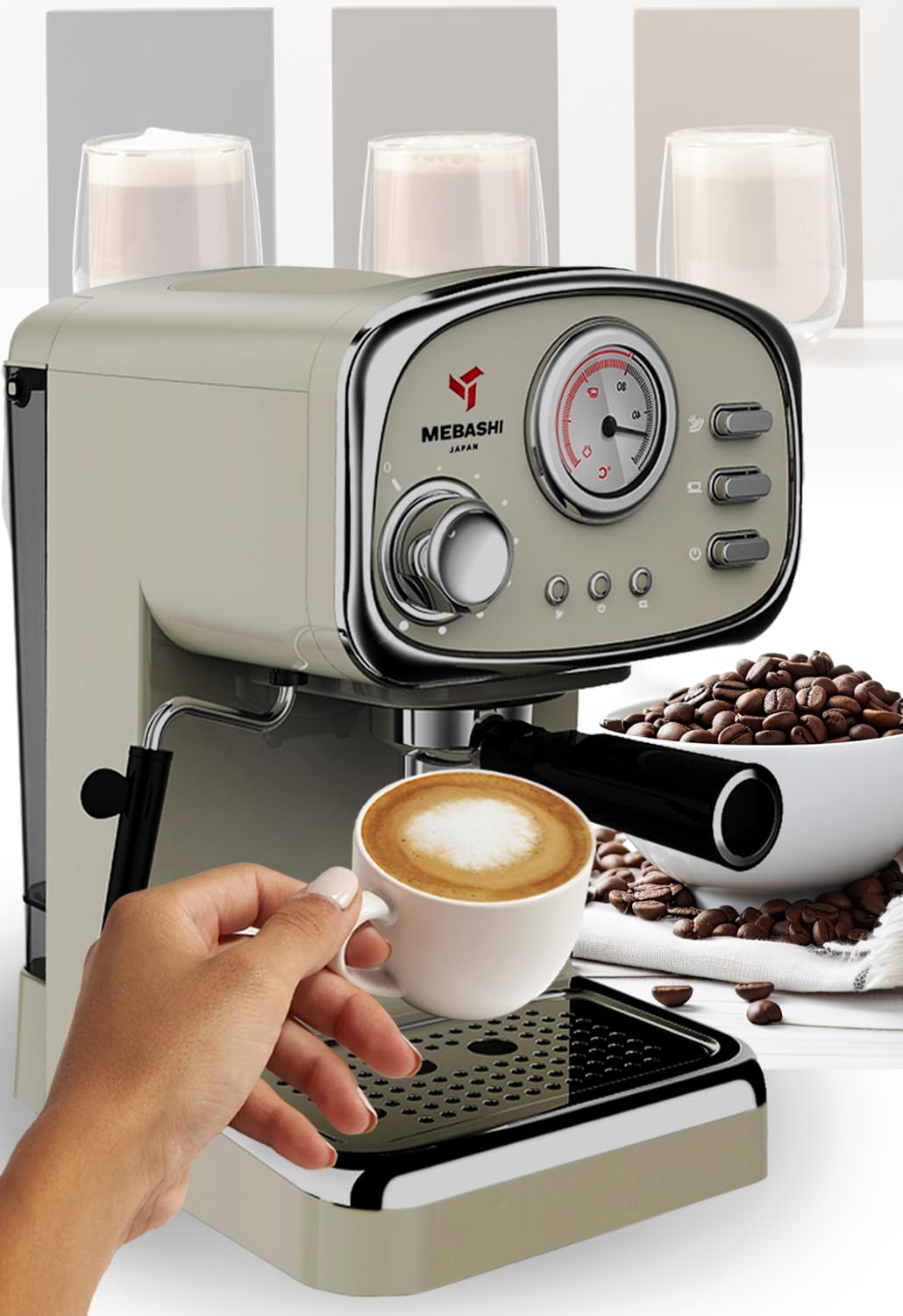 مايباشي ماكينة تحضير قهوة اسبريسو ME-ECM2010W - 20 بار، 1.25 لتر، اسود مع ميزان حرارة ومقبض بخار قابل للتعديل