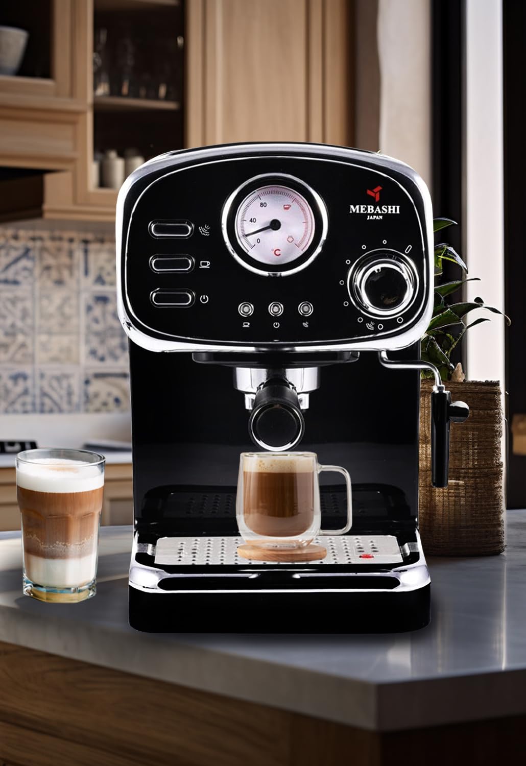 مايباشي ماكينة تحضير قهوة اسبريسو ME-ECM2010W - 20 بار، 1.25 لتر، اسود مع ميزان حرارة ومقبض بخار قابل للتعديل