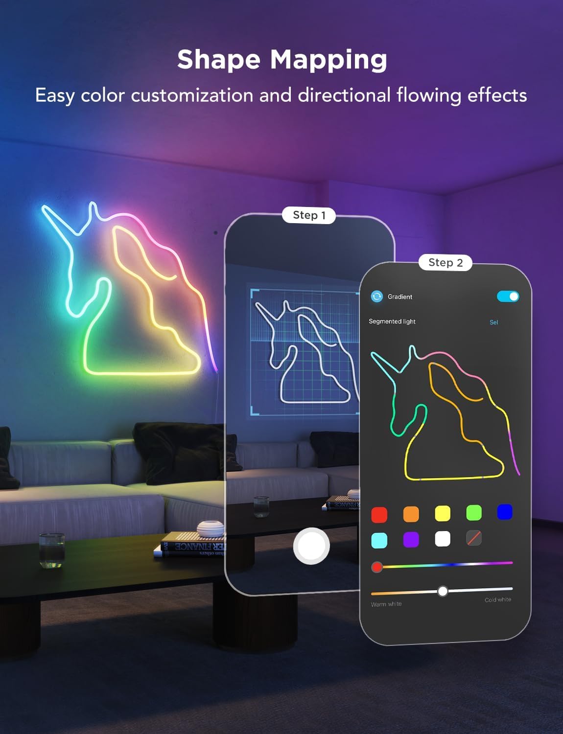 جوفي حبل اضاءة نيون 2، شريط اضاءة LED نيون RGBIC مع رسم خرائط الاشكال، يعمل مع المادة، اليكسا ومساعد جوجل، ضوء نيون لتزيين الحائط، 5 متر