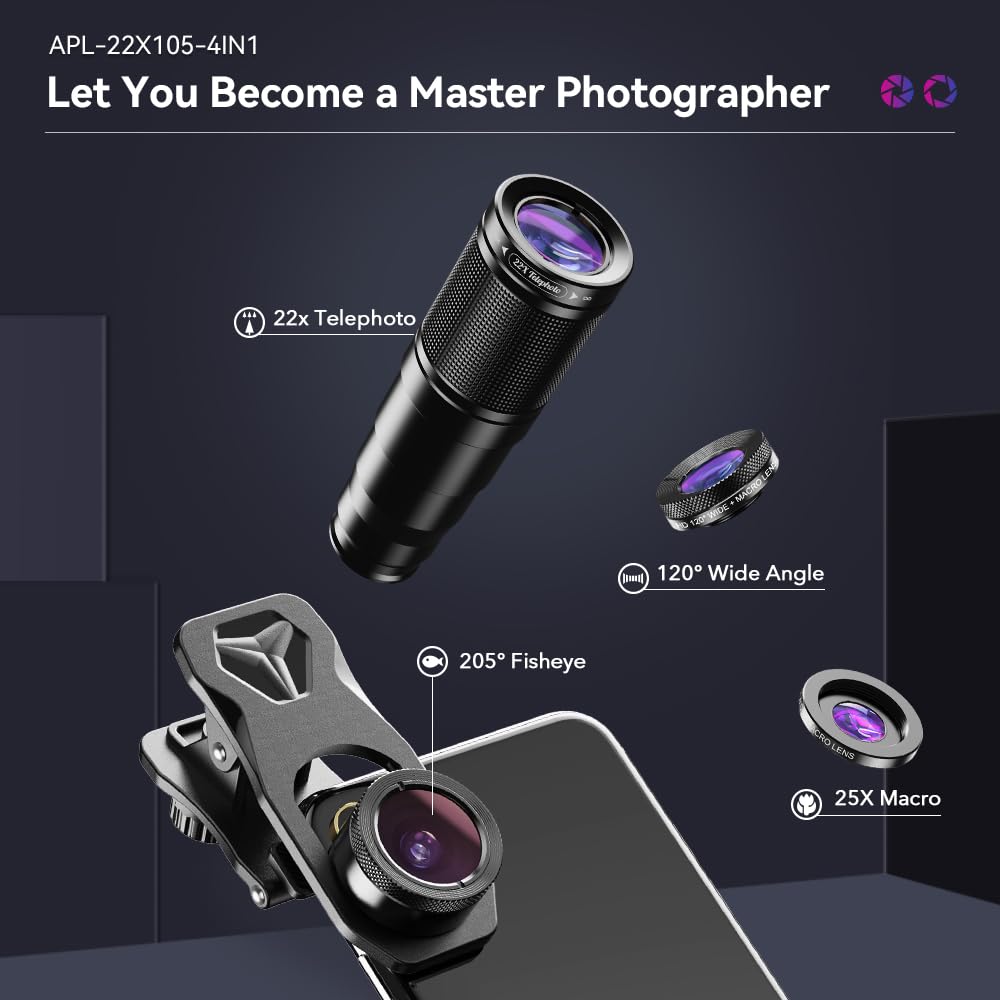 Apexel Phone Lens Kit 6 in 1, 22X Telephoto Lens, 205° Fisheye Lens, 120° Wide Angle Lens & 25X Macro Lens(Screwed Together), Compatible with iPhone 11 8 7 6 6s Plus X Xs/Max XR Samsung