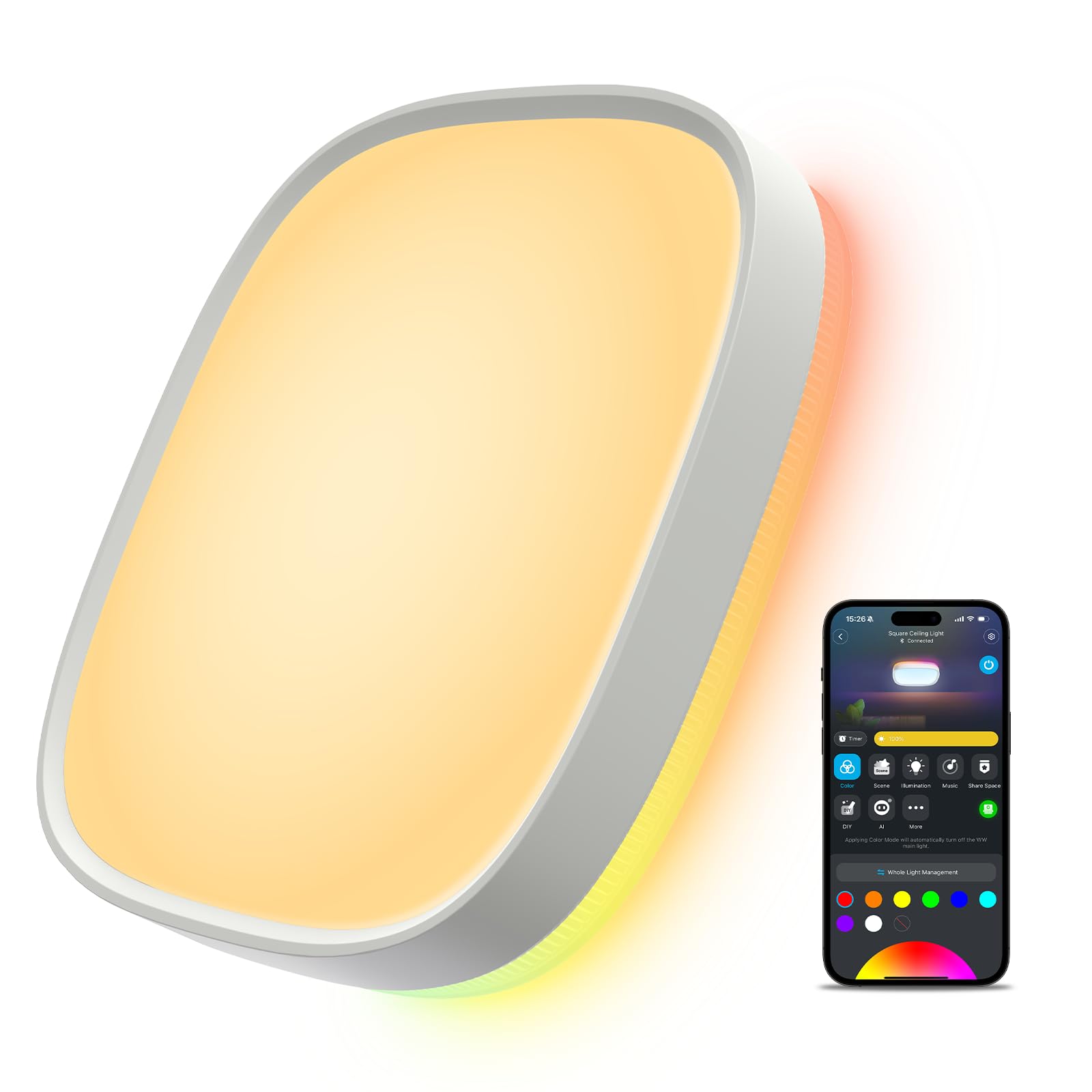 Govee Smart Ceiling Lamp, Square Led Rgbic, Compatible with Matter, Recessed 2400Lm, DIY Colors, Dimmable 2700K To 6500K For Bedroom Living Room, 12", Pack 1 Unit