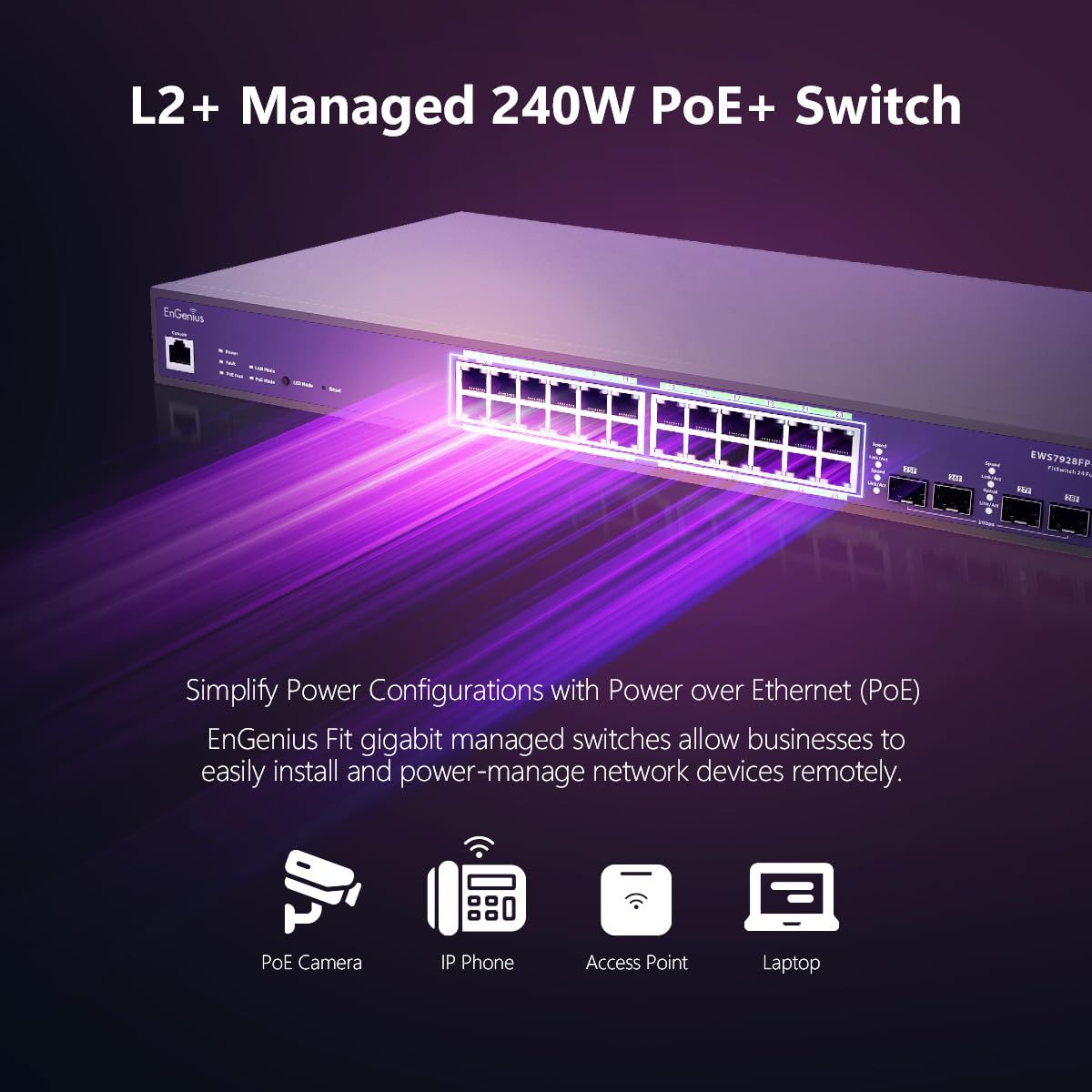 EnGenius Managed Switch 24-Port Gigabit PoE+ Managed Switch - 240W Budget, 4 SFP Uplinks, Layer 2+ Enterprise Features For Small Business Networks - EWS7928P-FIT