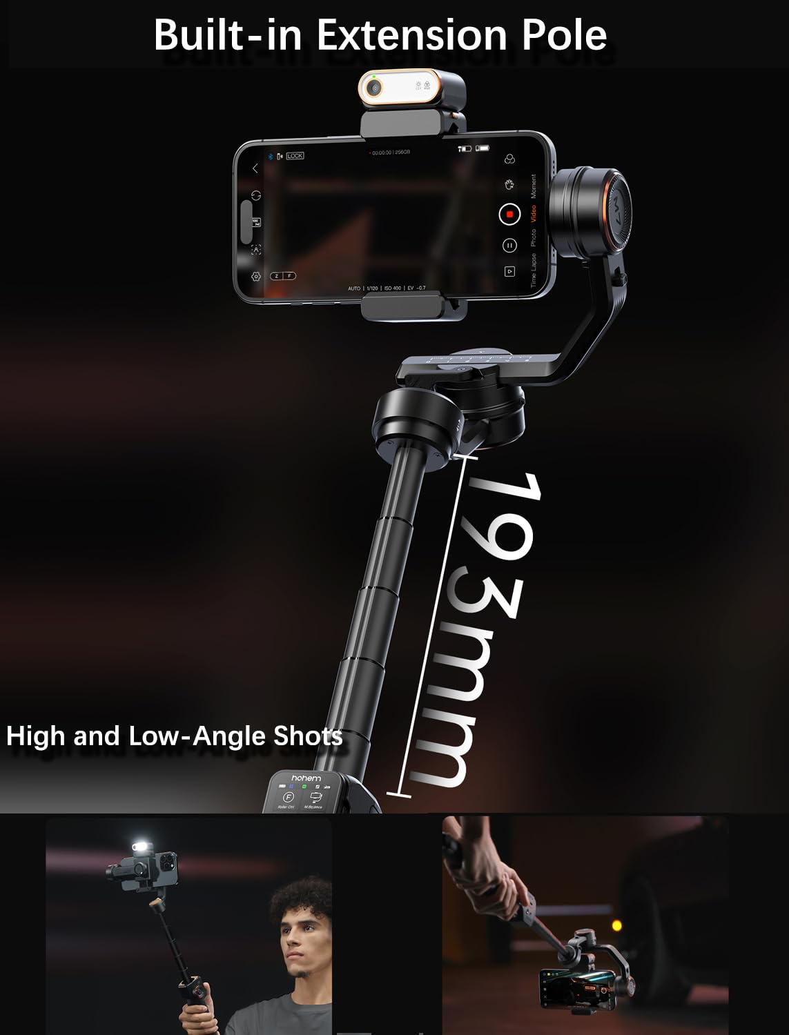 hohem iSteady M7 Gimbal Stabilizer for iPhone, 3-Axis Phone Gimbal with Magnetic AI Tracker Fill Light, Detachable Touchscreen Remote Controller, Built-in Extension Rod, 500g Payload