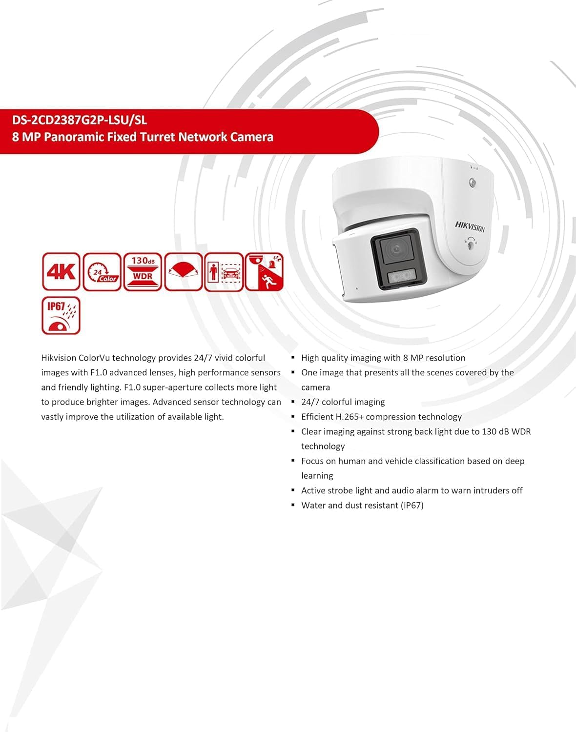 Hikvision DS-2CD2387G2P-LSU/SL ColorVu 8MP Panoramic Camera, Fixed 4mm Lens, White