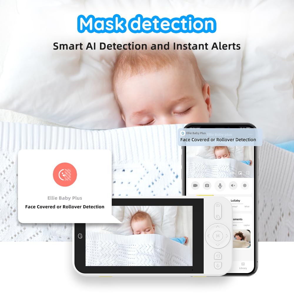 Ellie Baby Video Monitor with Camera and Audio, Covered Face Alert, Sleep Analysis, Soothing Lullaby, Wi-Fi or No Wifi, Thermal Humidity, 2K UHD Split Screen, 720p Screen of 5