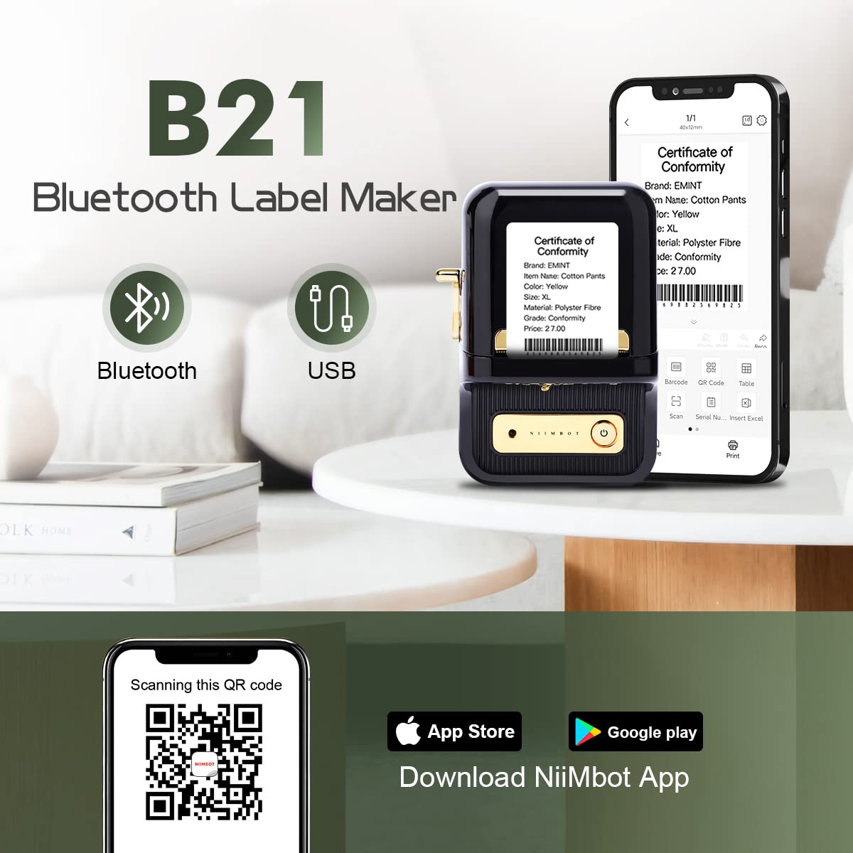 موكر لينك طابعة ملصقات 2 انش B21 مع شريط، صانع ملصقات لاسلكي محمول، طابعة حرارية للاعمال الصغيرة، متوافقة مع اي او اس واندرويد لجميع الاغراض وملصقات نصوص الباركود (اسود)
