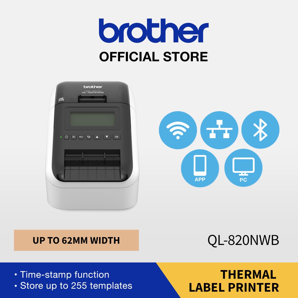 Brother Professional Label Printer QL-820NWB, Wireless and Wired LAN Network, 62mm Width, Time Stamp Function