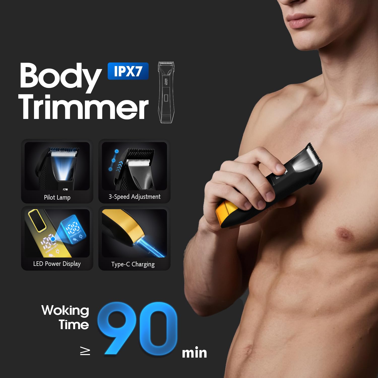 DSP 4-in-1 Men's Care Set with Beard Trimmer, Body Shaver, Nose Hair Trimmer and Razor, IPX7 Waterproof, 20 Levels Adjustable, LED Display, Face and Body Care Set with Ceramic Blades