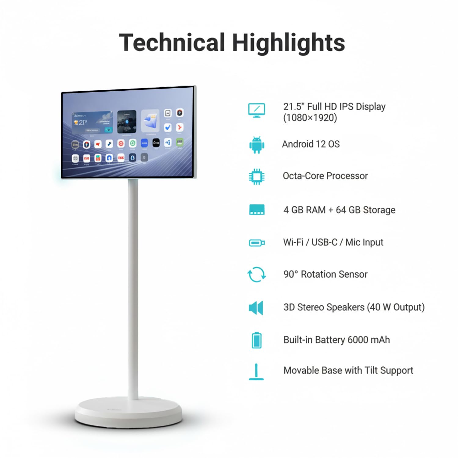 Taktik 21.5” Android Smart Screen LCD Display | Indoor Floor Standing Touch Screen with 1080p HD | Wireless Screen Mirroring |Built-in Battery | 3D Surround Sound Movable Stand Chromecast Ready