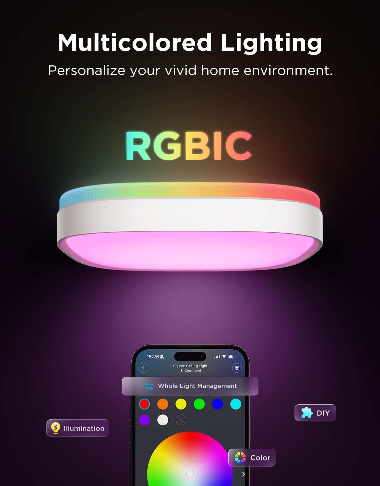 Govee Smart Ceiling Lamp, Square Led Rgbic, Compatible with Matter, Recessed 2400Lm, DIY Colors, Dimmable 2700K To 6500K For Bedroom Living Room, 12", Pack 1 Unit