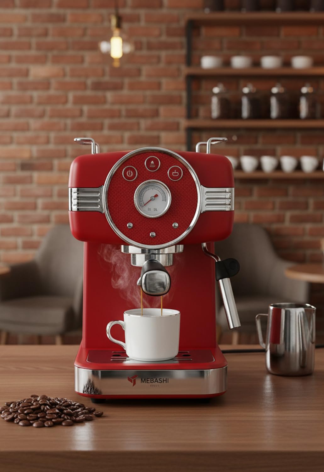 Maibashi Espresso Coffee Maker 1.5 Liter Capacity, 20 Bar Pressure Pump, Detachable Water Tank (E-ECM2046) (Red) | 1100 Watt