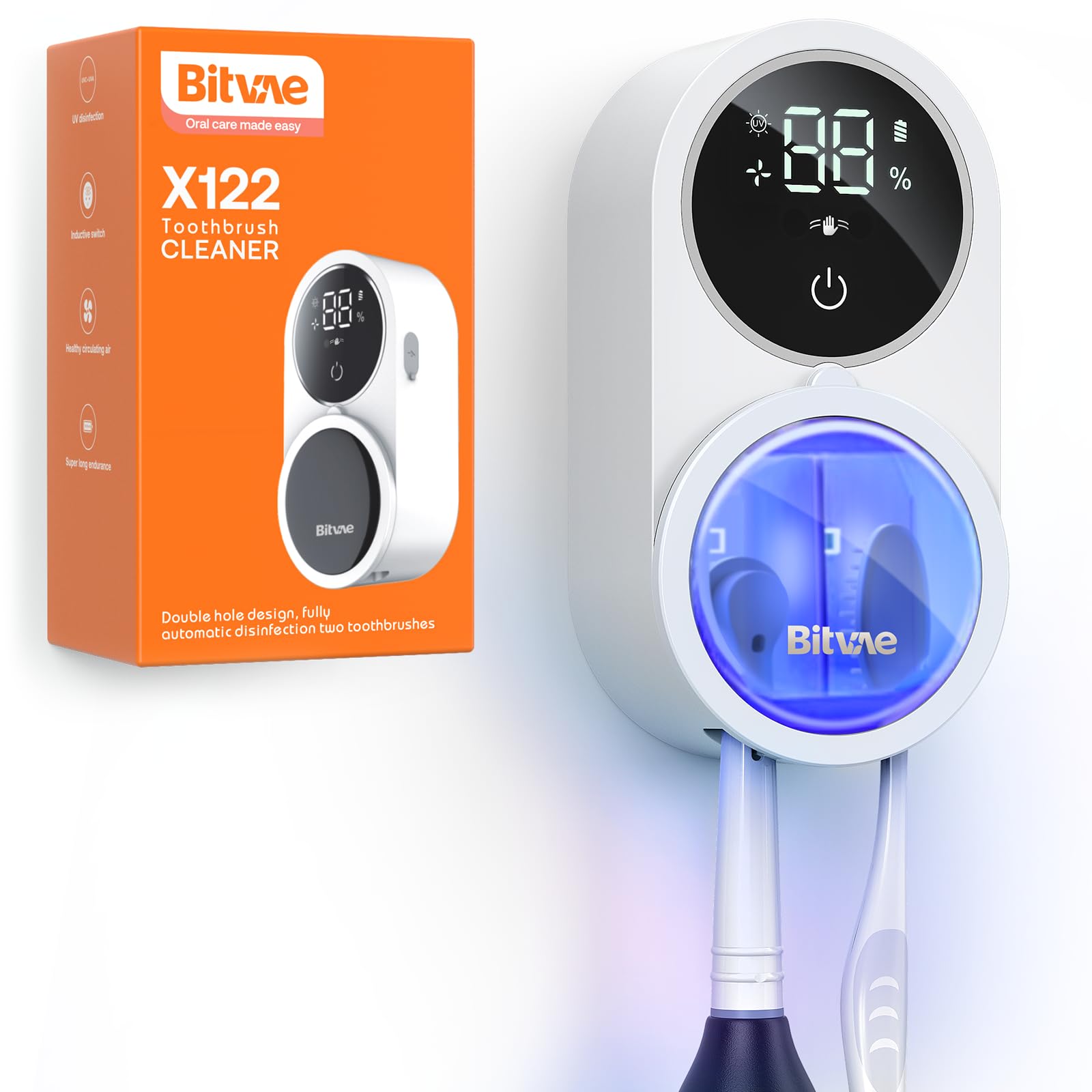 Bitvae Toothbrush Holder,Toothbrush Cleaner for Bathroom,LED Smart Screen,Cleaning and Air Drying,Automatic Rotating Cover Wall Mounted Smart Tooth Brush Holder,White