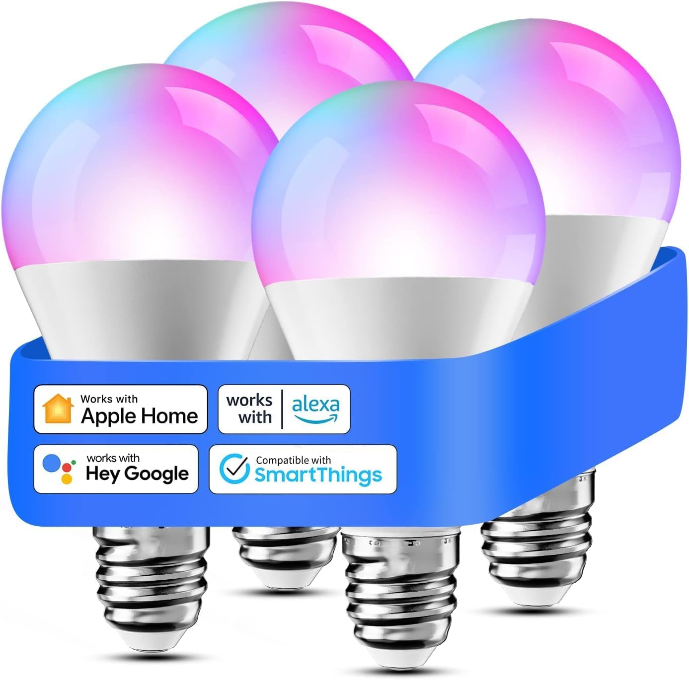 Meross Smart LED Bulbs, Pack of 4 E27 Wi-Fi Bulbs Compatible with Apple HomeKit, Alexa and Google Home, RGBWW Dimmable Multi-Color Smart Bulb with Voice Control and Remote Control