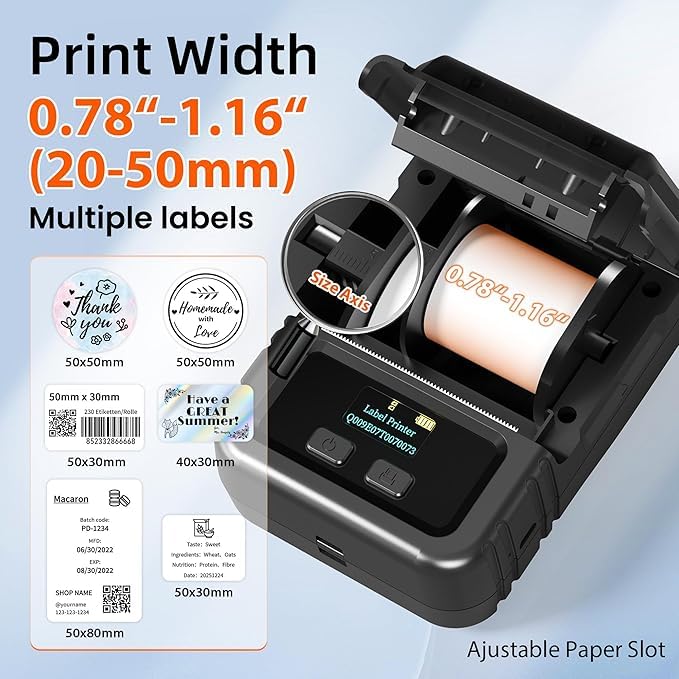 Fipka M120 Label Maker - Bluetooth Thermal Barcode Printer 2 inch 50mm Barcode Label Printer for Retail, QR Code and Small Business, Compatible with Android, iOS and PC, Black