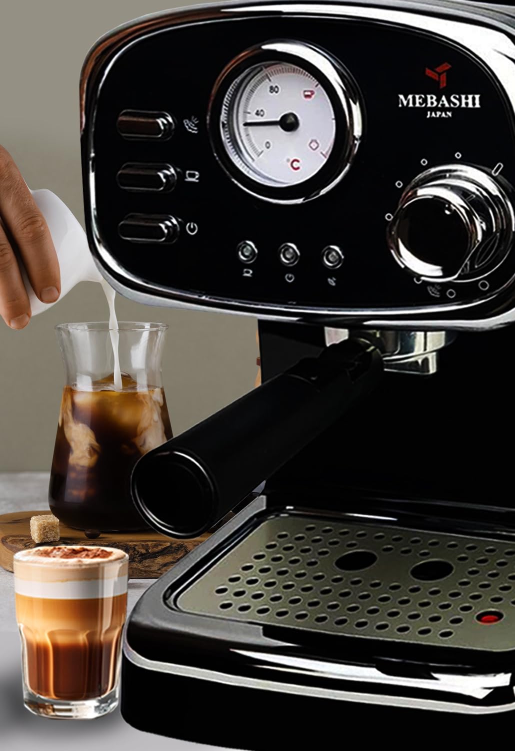 مايباشي ماكينة تحضير قهوة اسبريسو ME-ECM2010W - 20 بار، 1.25 لتر، اسود مع ميزان حرارة ومقبض بخار قابل للتعديل