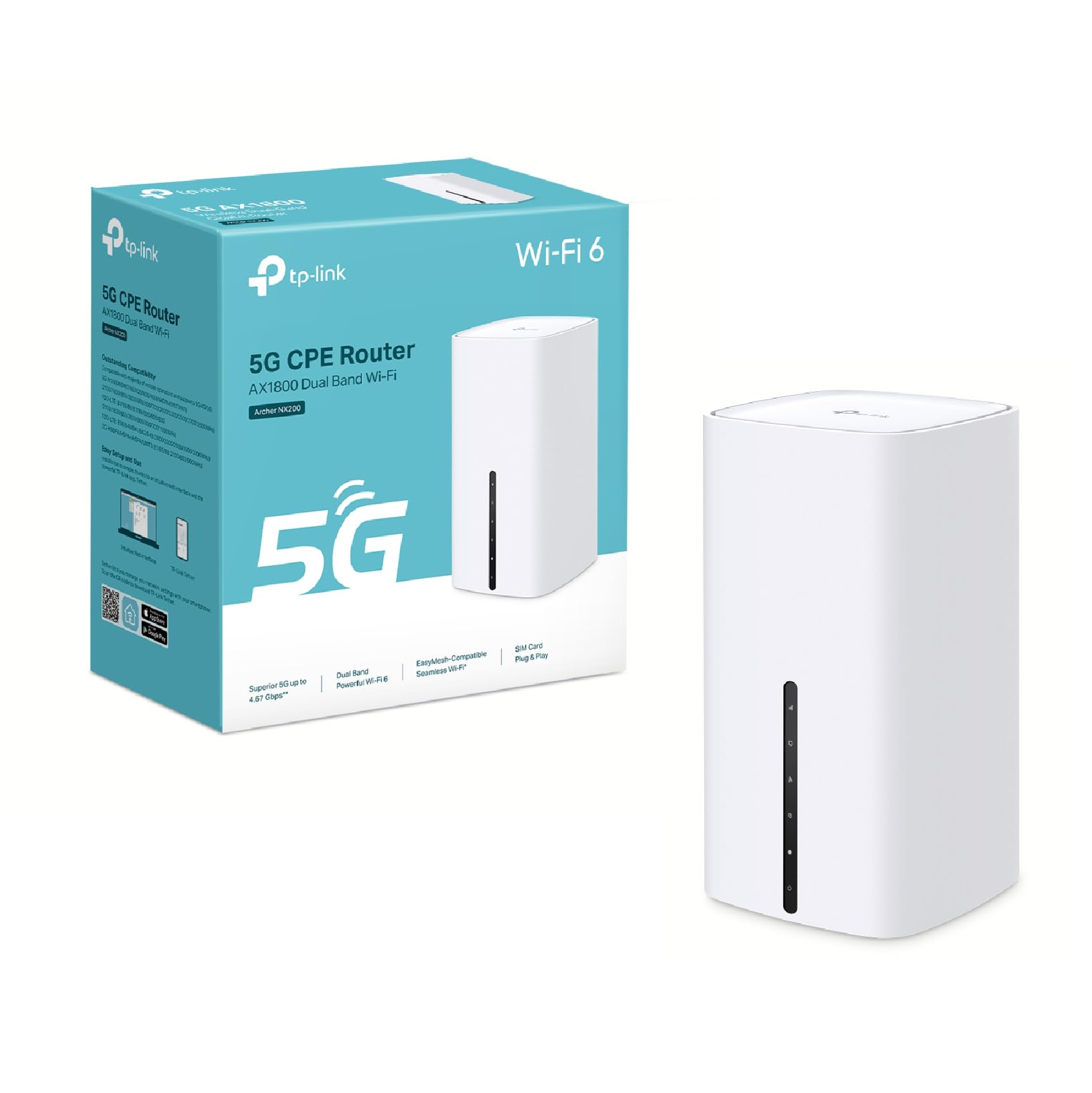 TP-Link Archer NX200 5G Wi-Fi 6 AX1800Mbps Router with SIM, Dual Band, Plug & Play, Gigabit WAN/LAN Port, 4K-QAM, Beamforming, 8×5G/LTE, 2×Wi-Fi Internal Antennas, EasyMesh, HomeShield