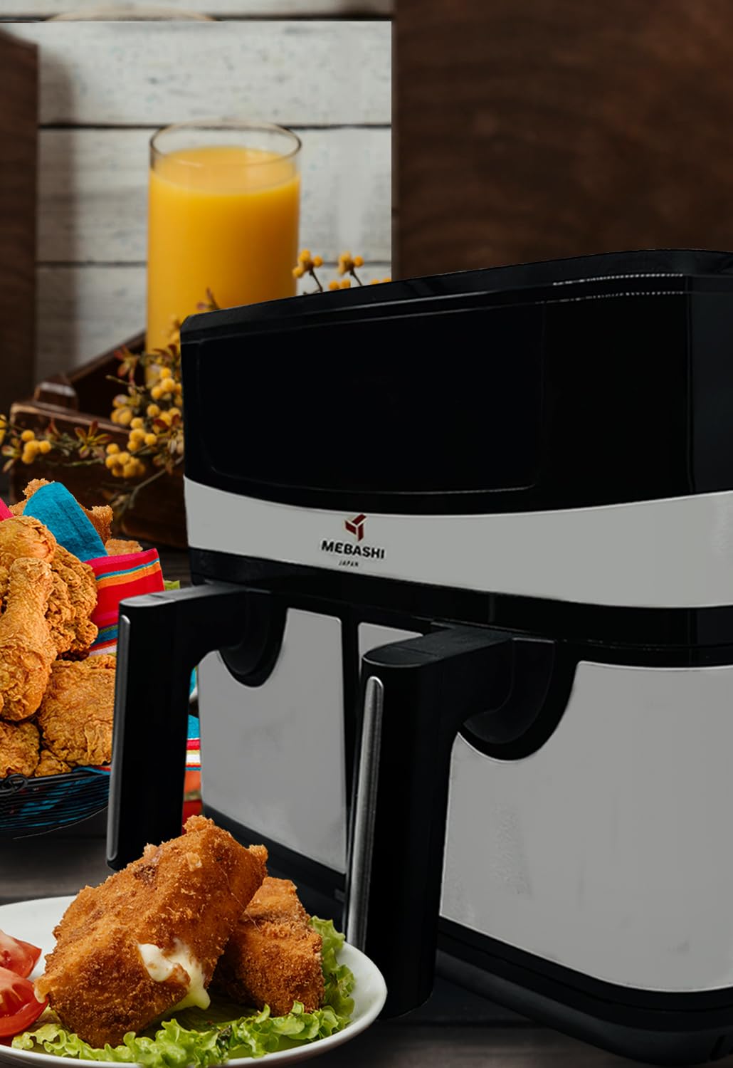 Mebashi Dual Basket Air Fryer with Digital Display, 1800 Watt Capacity 2 x 4.5 Liter, Total 9 Liter, Rapid Air Technology, 12 Preset Functions (ME-AF997)