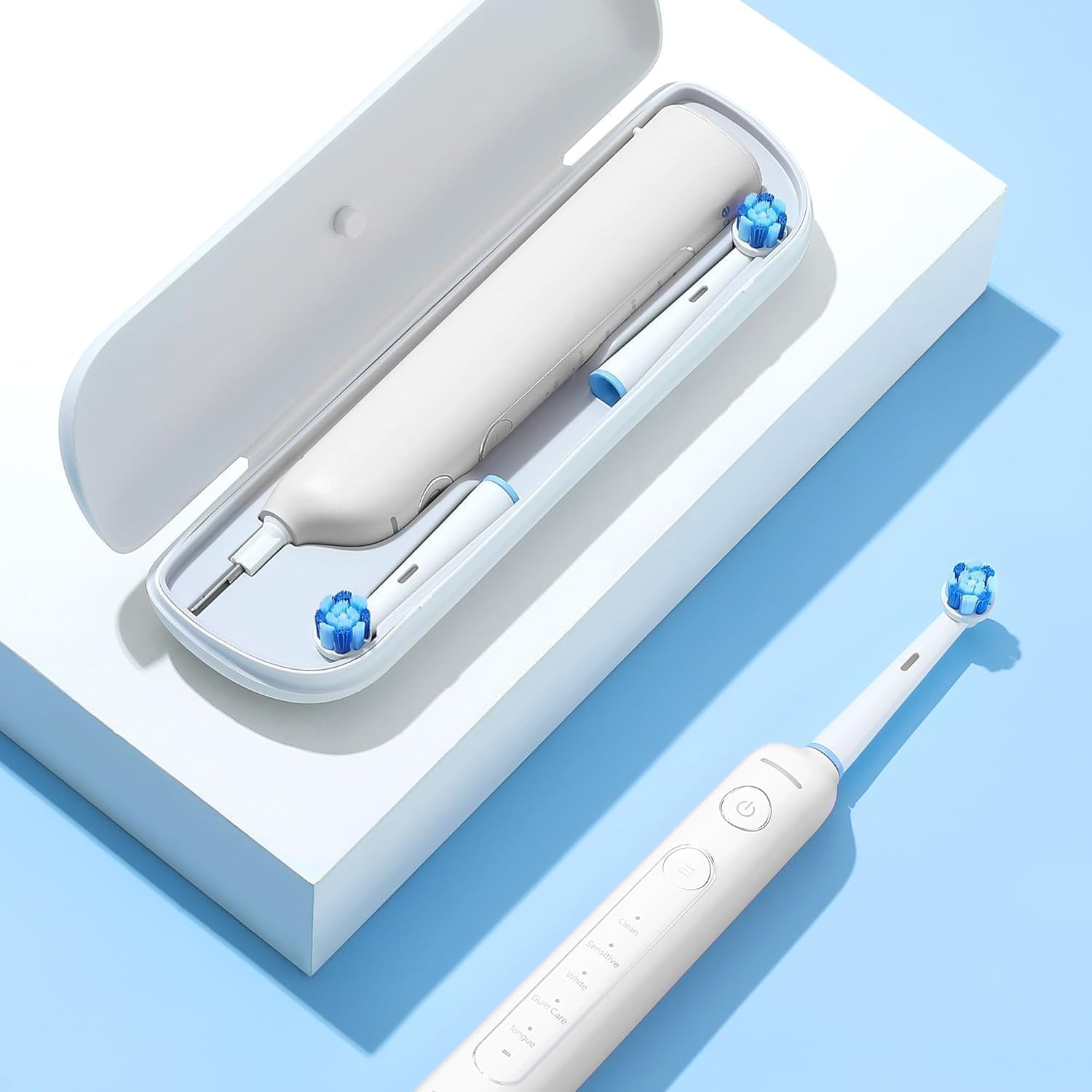 R2 Rotating Electric Toothbrush, 5 Modes (Clean, Sensitive, White, Tongue & Gum Care), 8 Replacement Heads, Cleans 4X More Plaque, 30-Days Battery Life, White | R2