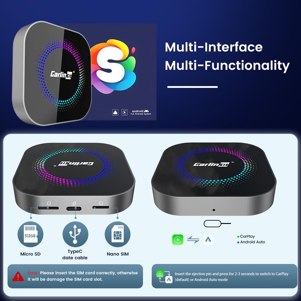 كارلين نت تي بوكس اس (الجيل الجديد)، شريحة كوالكوم 6225 مع 8+128GB، شبكة اتصال خلوية، 4G، شريحة اتصال/تي اف، جوجل بلاي، مناسبة فقط للسيارات السلكية في المصنع/ايه ايه، اندرويد 13 ايه اي بوكس اصدار فائق