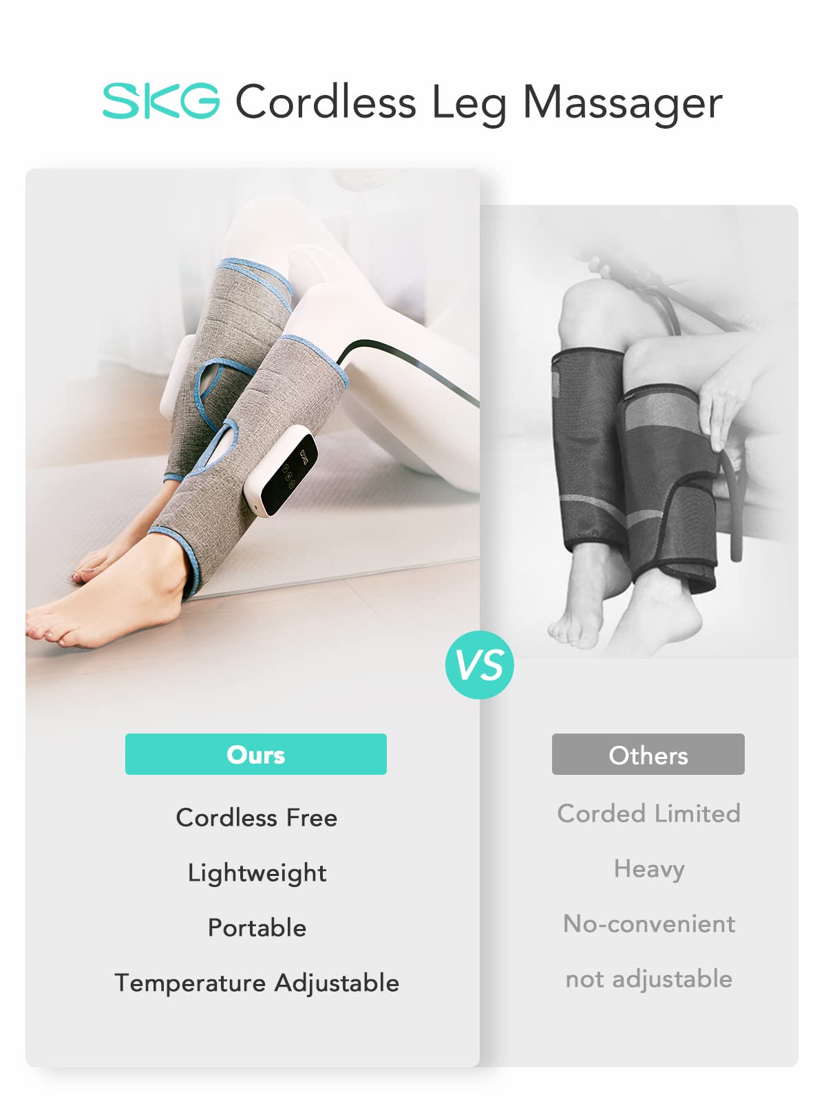 SKG Leg Massager with Heat, Cordless Foot and Calf Massager for Circulation, 3 Modes 3 Intensities Portable Leg Massager for Pain Relief Use at Home Office Car Women Men Gifts BM3-E