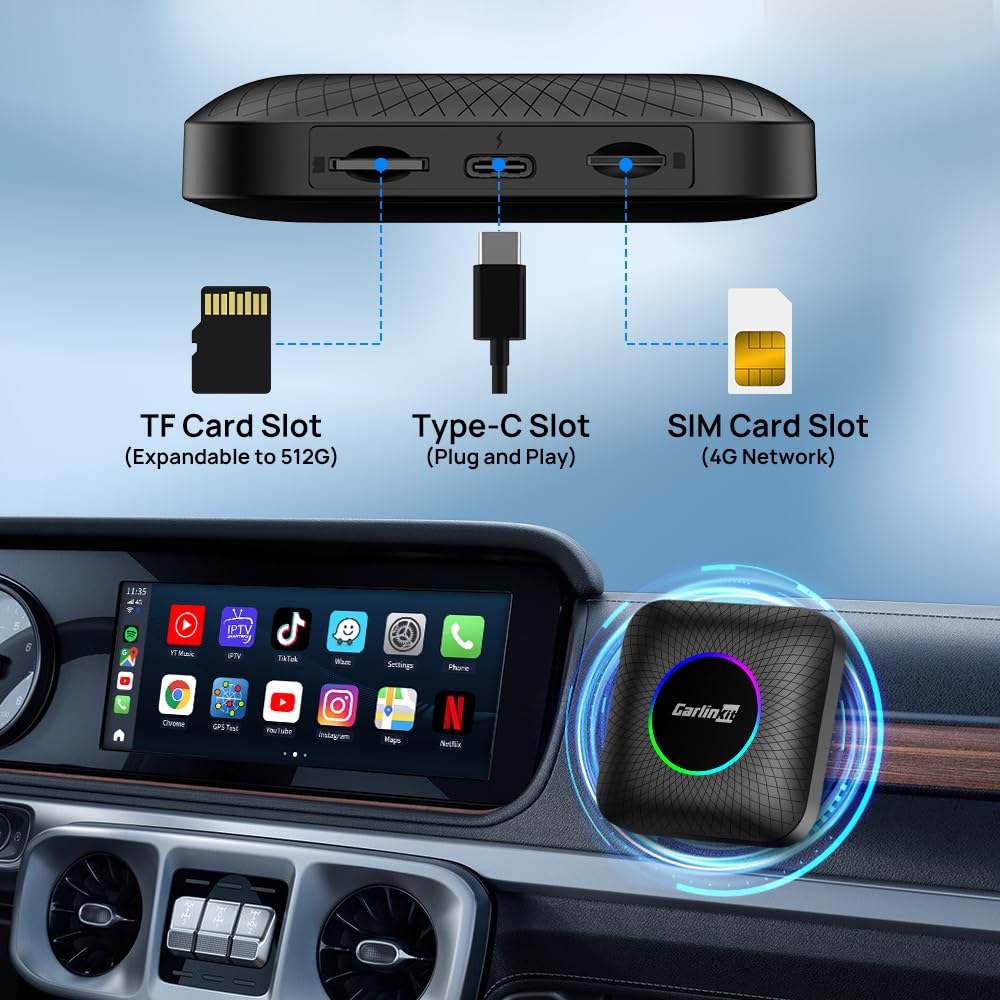 CarlinKit Ai Box CarPlay Android 13.0 for Wired CarPlay and Touchscreen Cars, Support YouTube/Netflix/TikTok/Google Play, Built-in 4G Net, 8-Core 8+128G