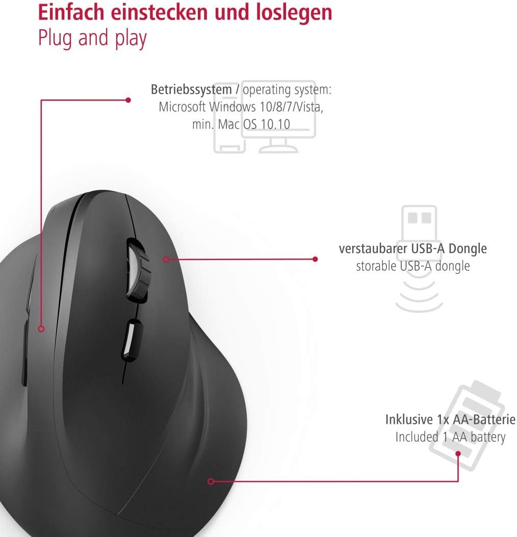 هاما ماوس لاسلكي عمودي مريح "EMW-500" 182699، 6 ازرار، اسود - (عبوة من قطعة واحدة)، USB