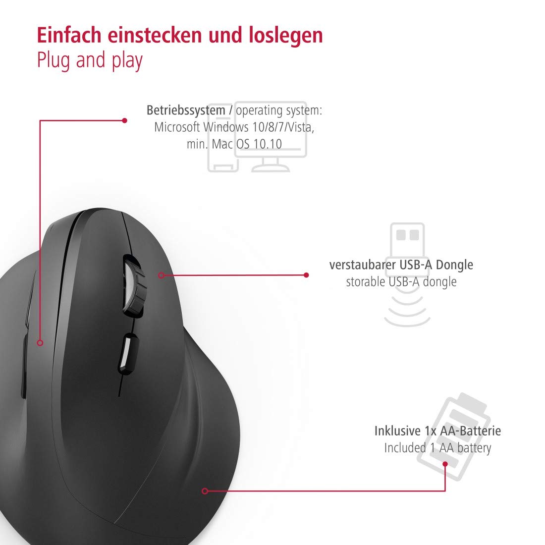 هاما ماوس لاسلكي عمودي مريح "EMW-500" 182699، 6 ازرار، اسود - (عبوة من قطعة واحدة)، USB